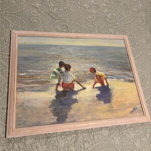 Vintage Beach Scene oil painting with Natural Wood Frame signed Carothers